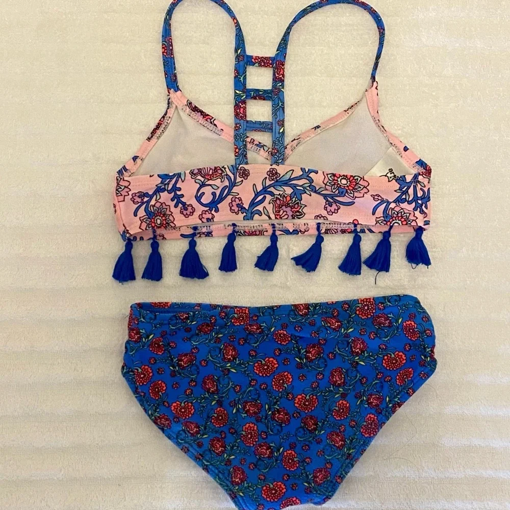 Girl's Art Class Blue & Pink Tasseled Floral Bikini - Size XS (4/5)